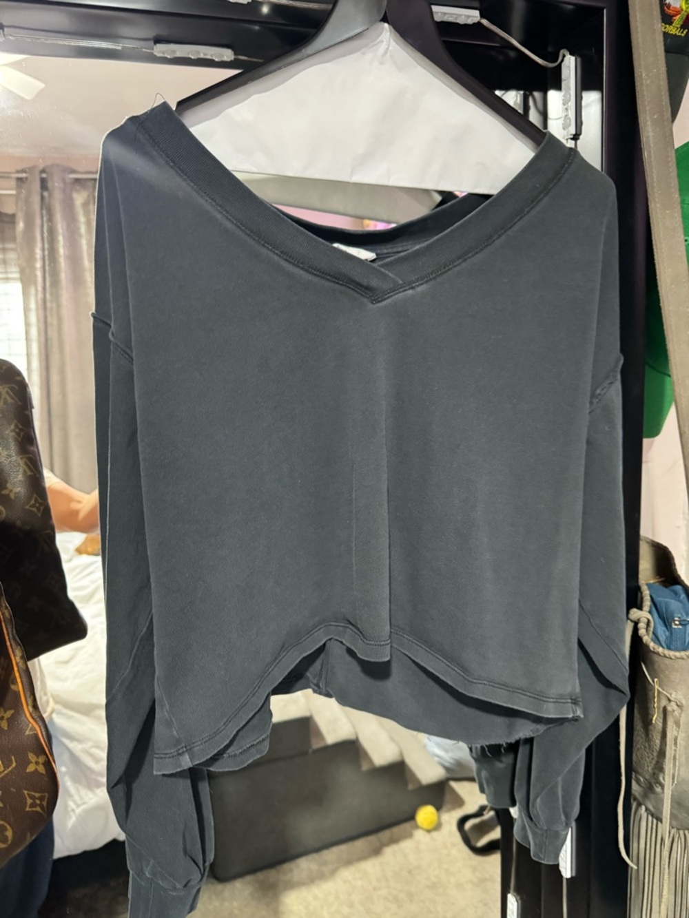 Charcoal V-Neck Cropped long sleeve Sweatshirt